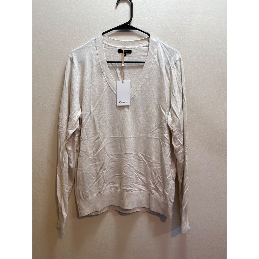 Quince Sweater Women M Heather Bone Cotton Cashmere Blend V-Neck Lightweight NWT - Picture 2 of 8